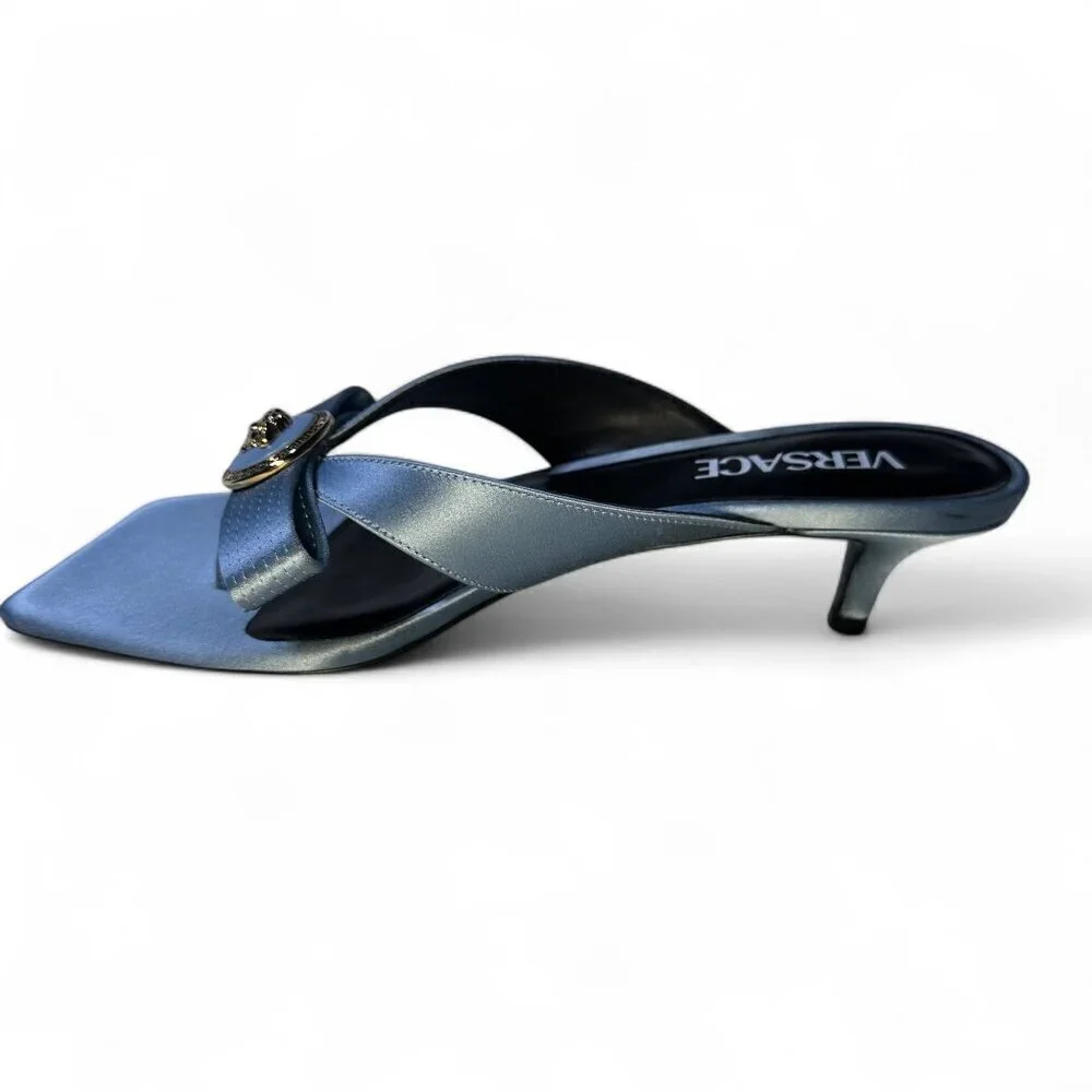 Versace Women's Blue Satin Mule Gianna Ribbon 45 mm sandals Sz 37.5